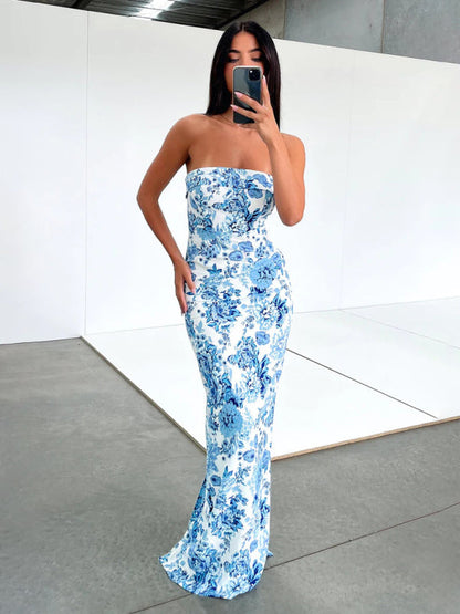 Sexy Tube Top Langes Kleid Schlitz Cocktailkleid Rückenfreies Langes Kleid 