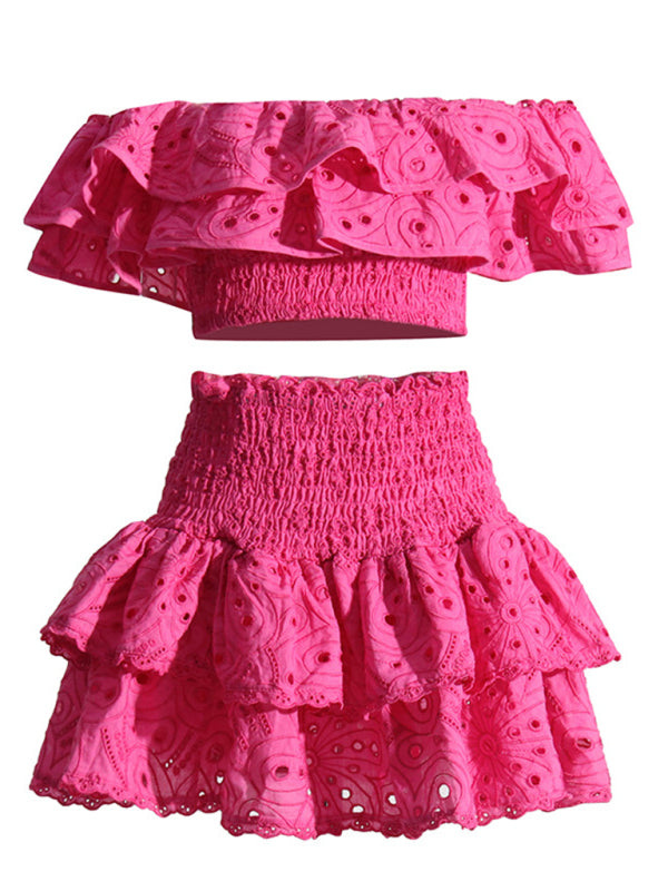 New French-style ear-hemmed short top, high-waisted cake layer skirt, sexy two-piece suit