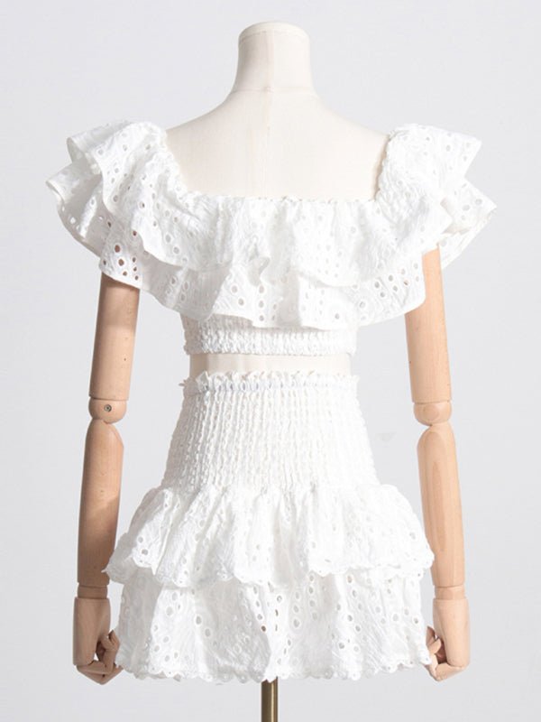 New French-style ear-hemmed short top, high-waisted cake layer skirt, sexy two-piece suit