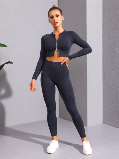 Dark gray long-sleeved yoga zipper jacket and leggings set