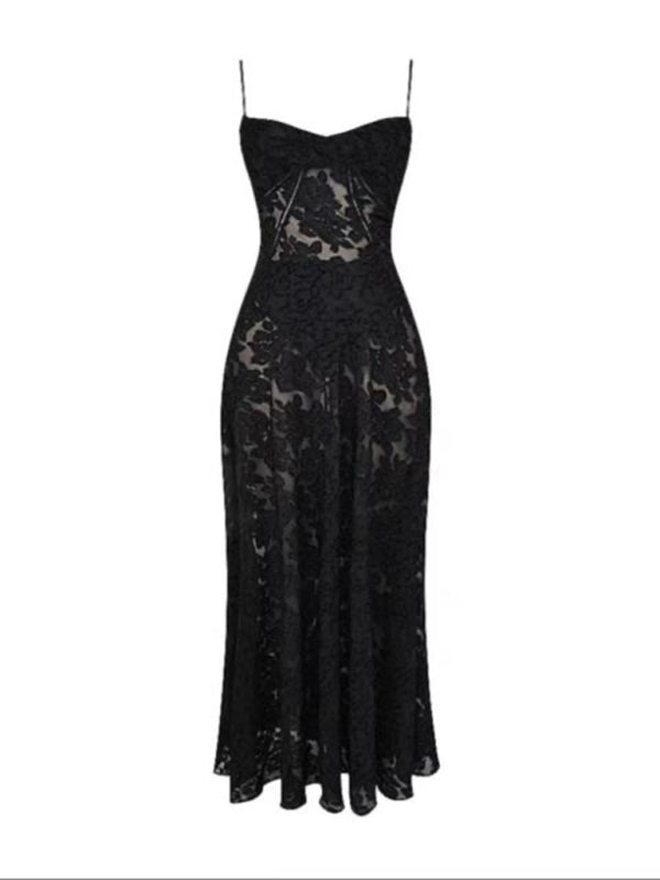 Black high-waisted flower-cut suspender dress