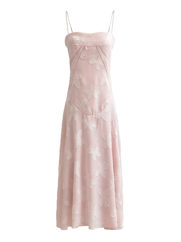 Pink high-waisted flower-cut suspender dress