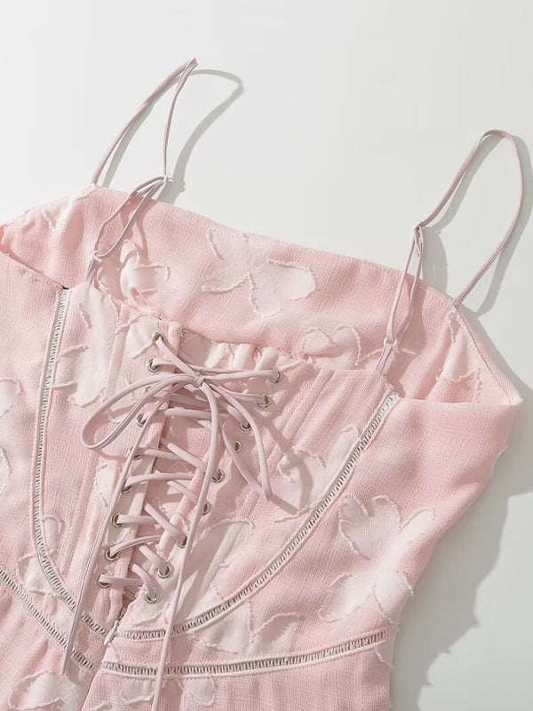 Pink lace-up flower-cut suspender dress detail