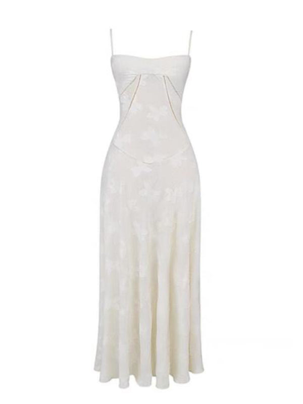 White high-waisted flower-cut suspender dress