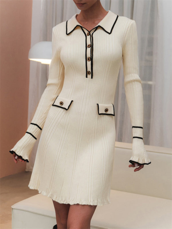 Cream French skinny lapel dress with black trim indoors