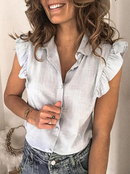 Light blue casual ruffle sleeve shirt with lapel