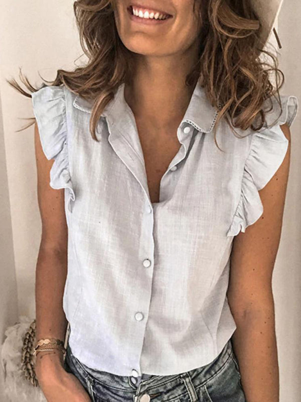 Light blue loose fit shirt with ruffle sleeves and buttons