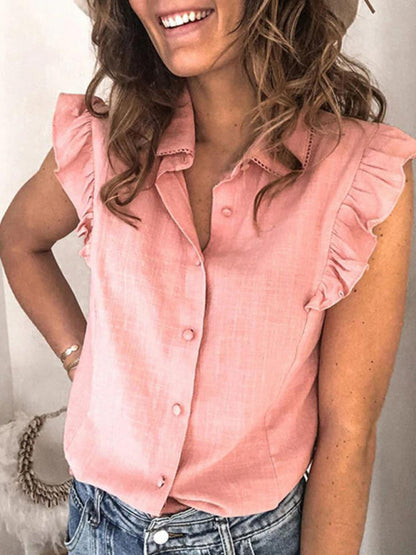 Pink loose fit shirt with ruffle sleeves and buttons