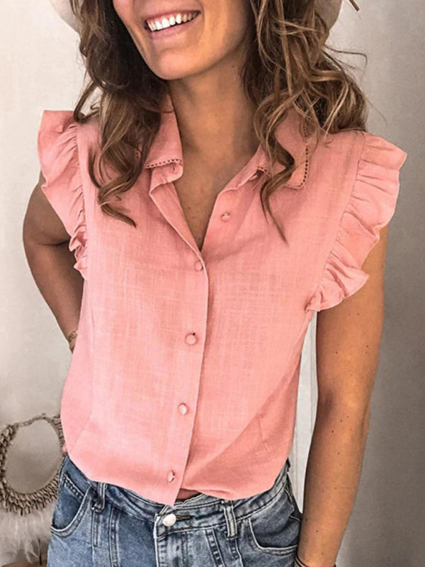 Pink ruffle sleeve button-up shirt with lapel collar