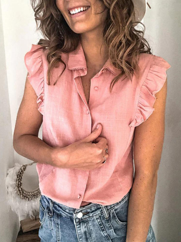 Pink lapel shirt with ruffle sleeves and button front
