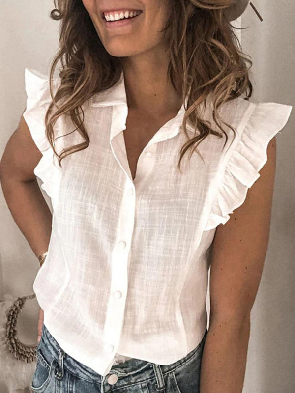 White ruffle sleeve button-up shirt with lapel collar