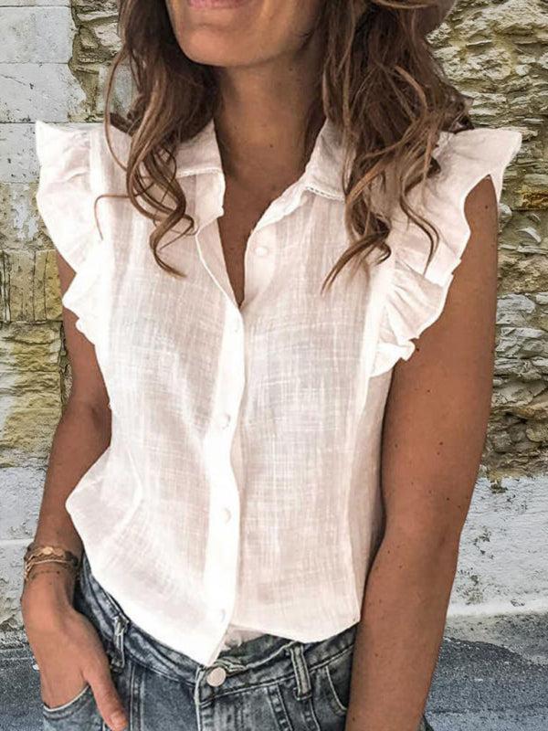 White loose fit shirt with ruffle sleeves and buttons