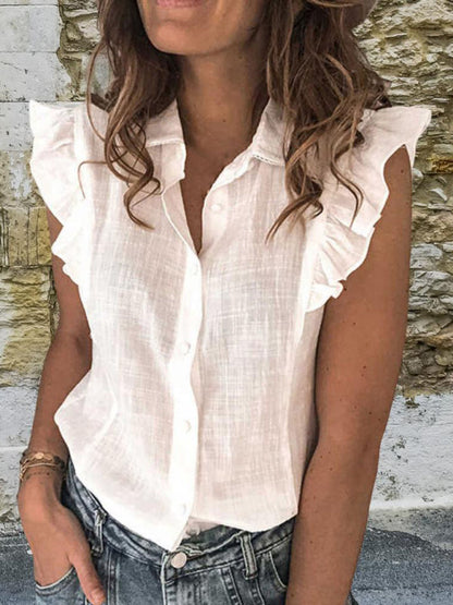 White loose fit shirt with ruffle sleeves and buttons