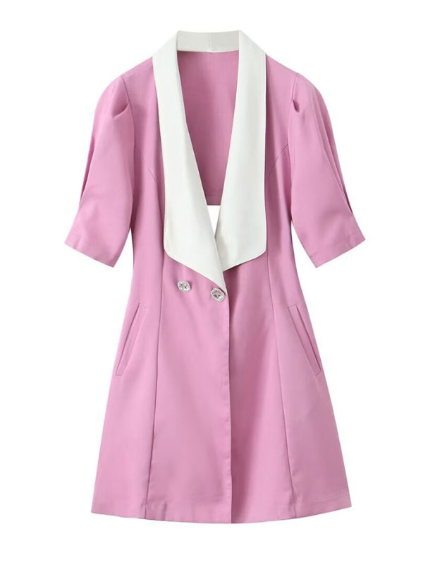 Pink suit-style mini dress with white lapel