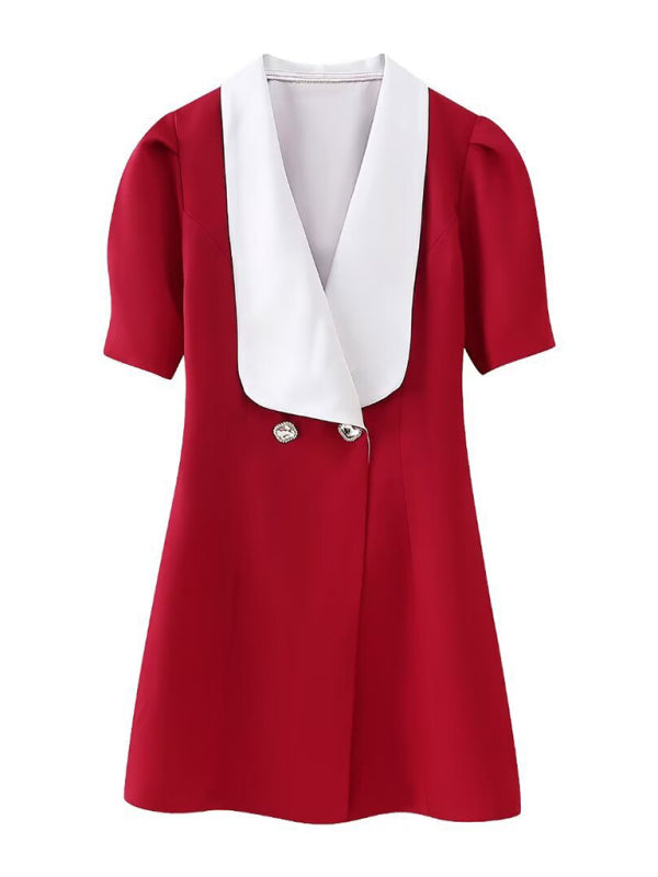 Red mini dress with white lapel and buttons