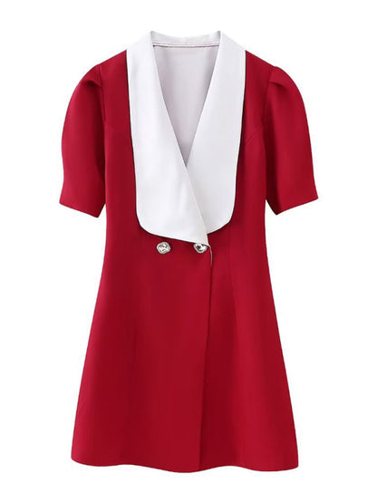 Red mini dress with white lapel and buttons