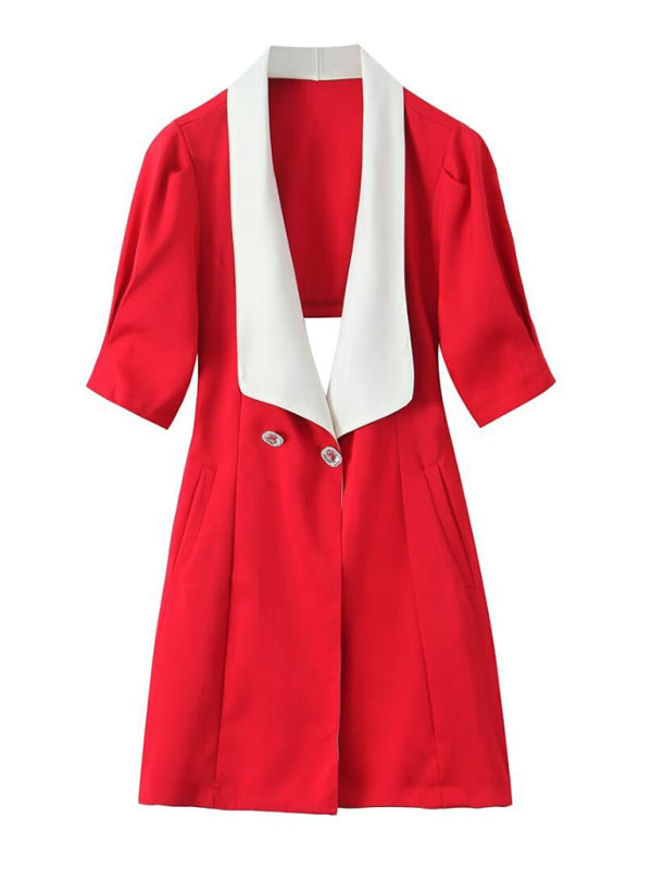 Red suit-style mini dress with white lapel