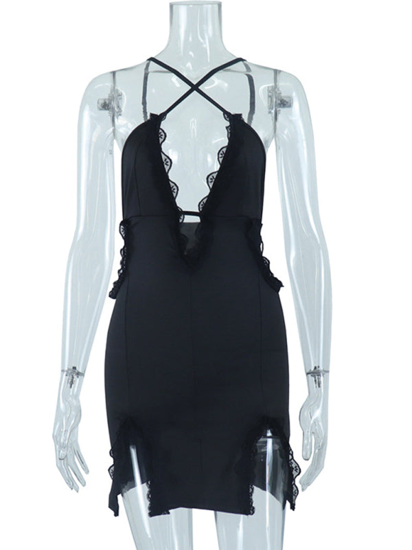 Front view of black lace splicing slit hip dress on mannequin