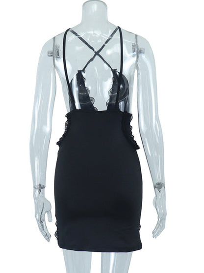 Back view of black lace splicing slit hip dress