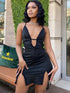 Trendy black lace splicing slit hip dress, front view