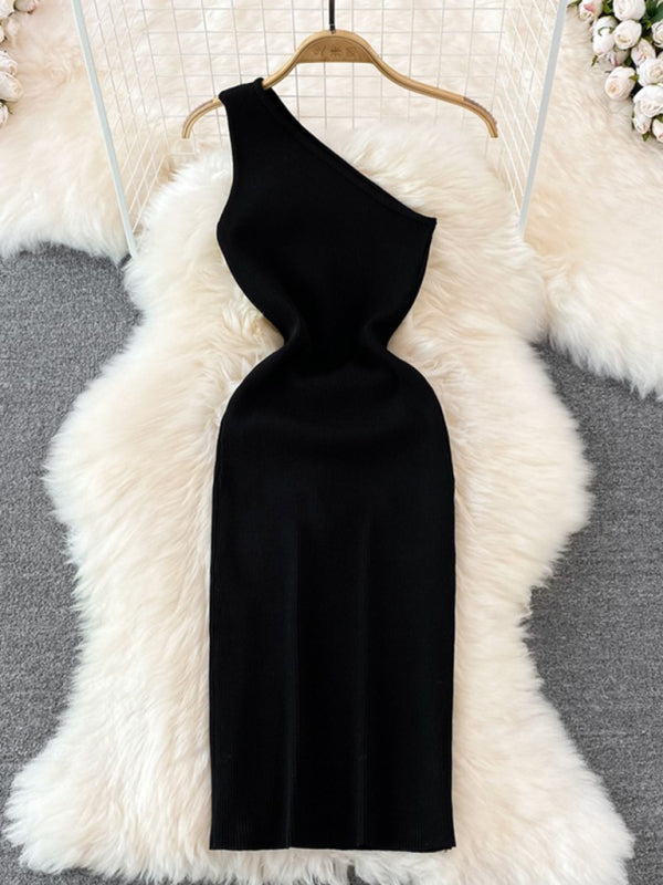 Black slanted shoulder slim fit knitted dress on hanger