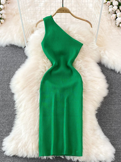 Green slanted shoulder slim fit knitted dress on hanger
