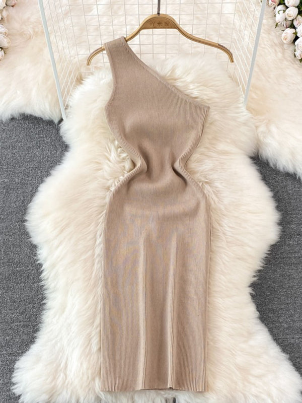 Beige slanted shoulder slim fit knitted dress on hanger