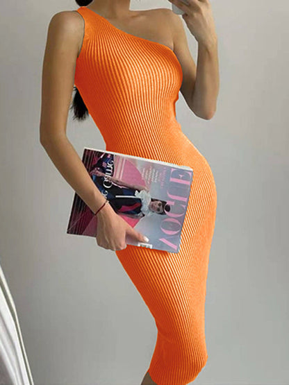 Orange slanted shoulder slim fit dress with magazine
