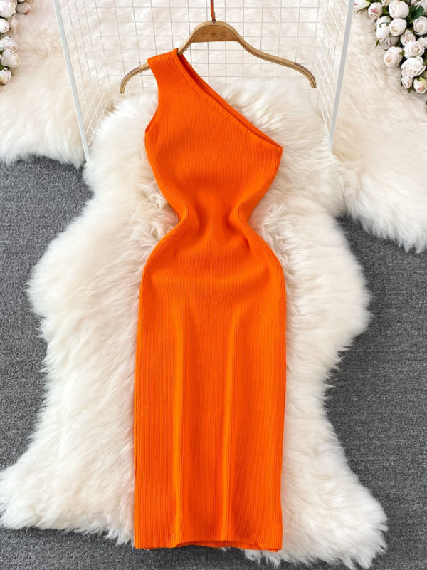 Orange slanted shoulder slim fit knitted dress on hanger