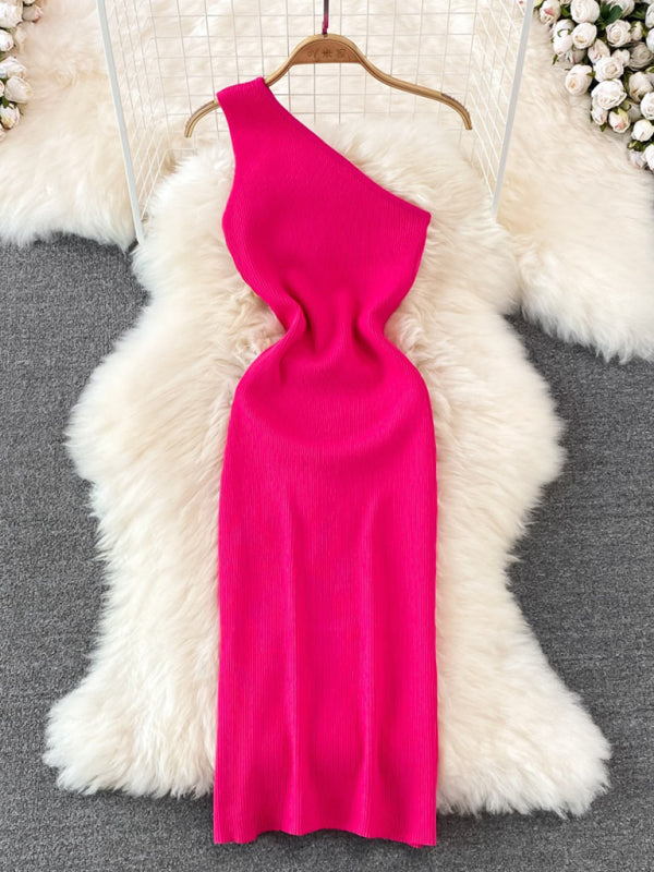 Pink slanted shoulder slim fit knitted dress on hanger