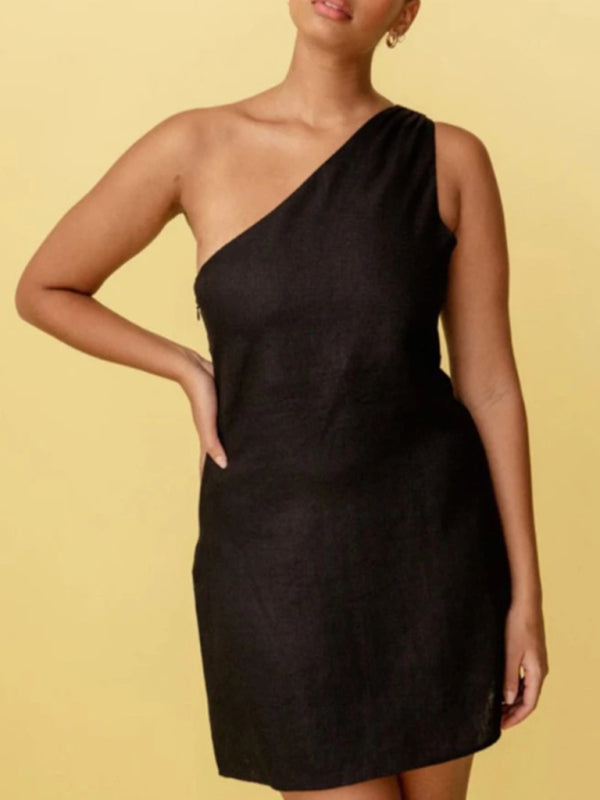 Black solid color slant shoulder dress