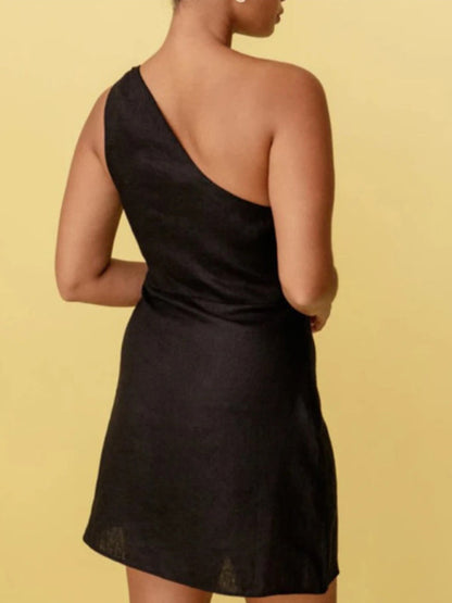 Black slant shoulder dress back view