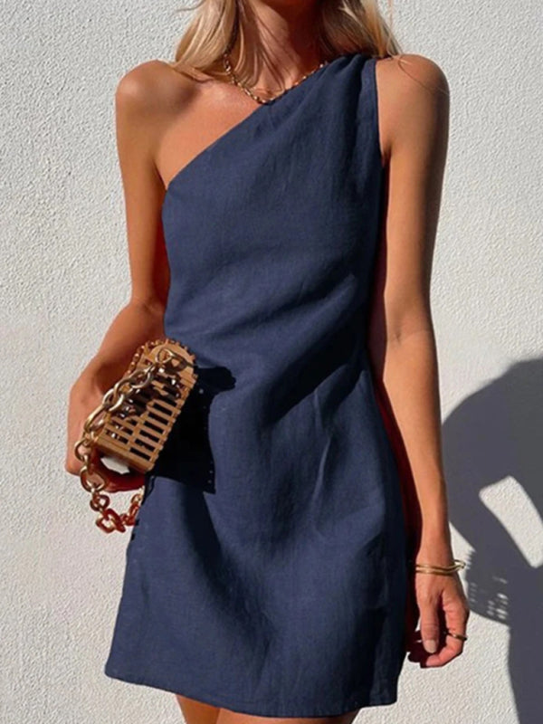 Navy slant shoulder casual dress
