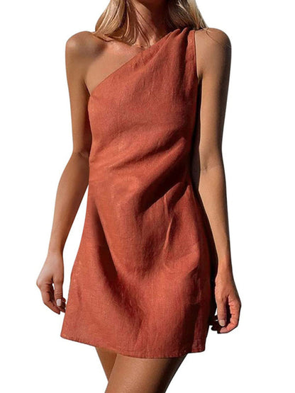 Red solid color slant shoulder dress
