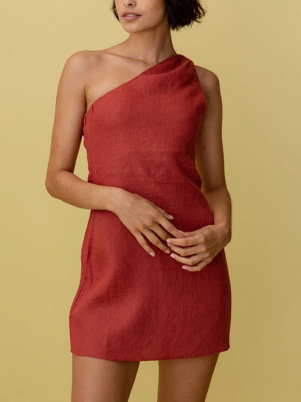 Red one-shoulder casual dress