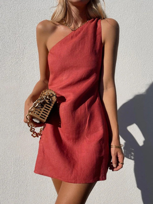 Red slant shoulder casual dress