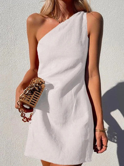 White slant shoulder casual dress