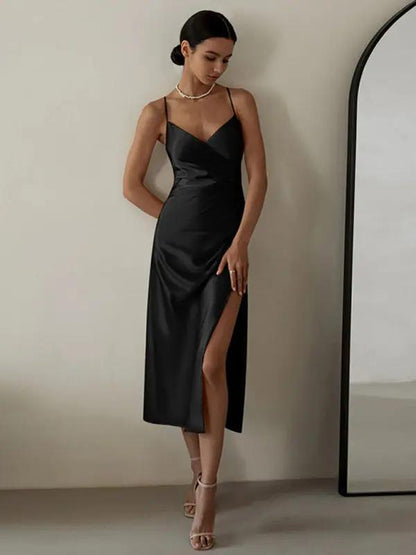 Chic black slit midi dress with pleated waist