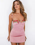 Pink short dress with floral applique straps and bra cup design
