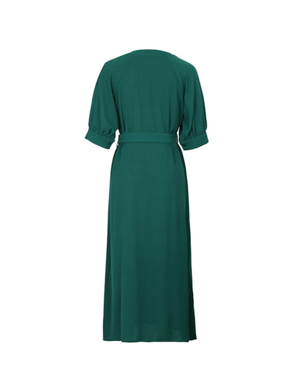 Back view of green V-neck mid-sleeve dress with belt