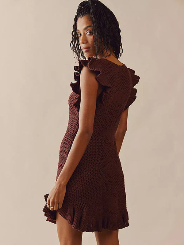 Back view of brown ruffle dress with ear sleeves and crochet design