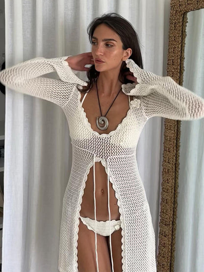 New solid color sexy knitted hollow bikini swimsuit cover-up sun protection clothing