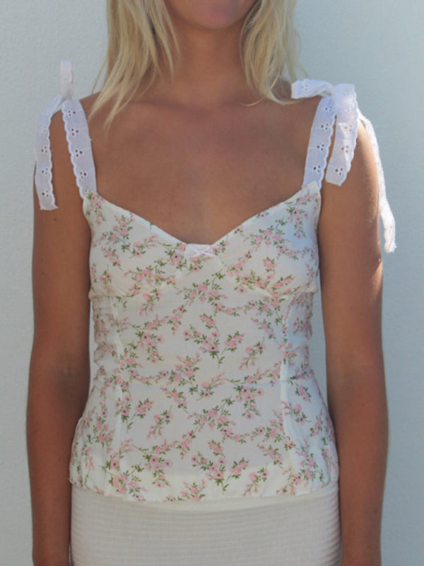 Floral cami top with lace straps, front view
