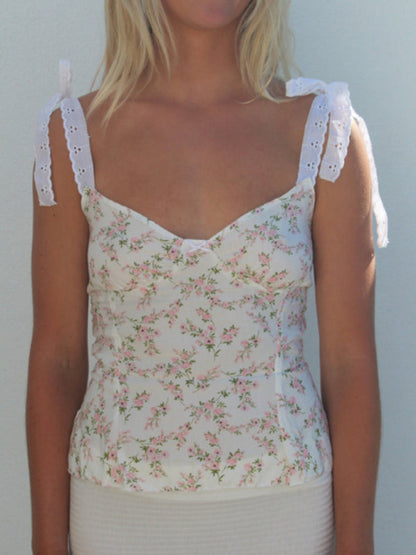 Floral cami top with lace straps, front view