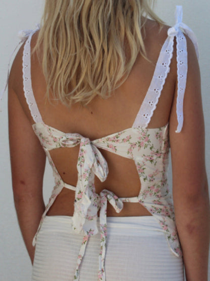 Floral cami top with lace straps, back view