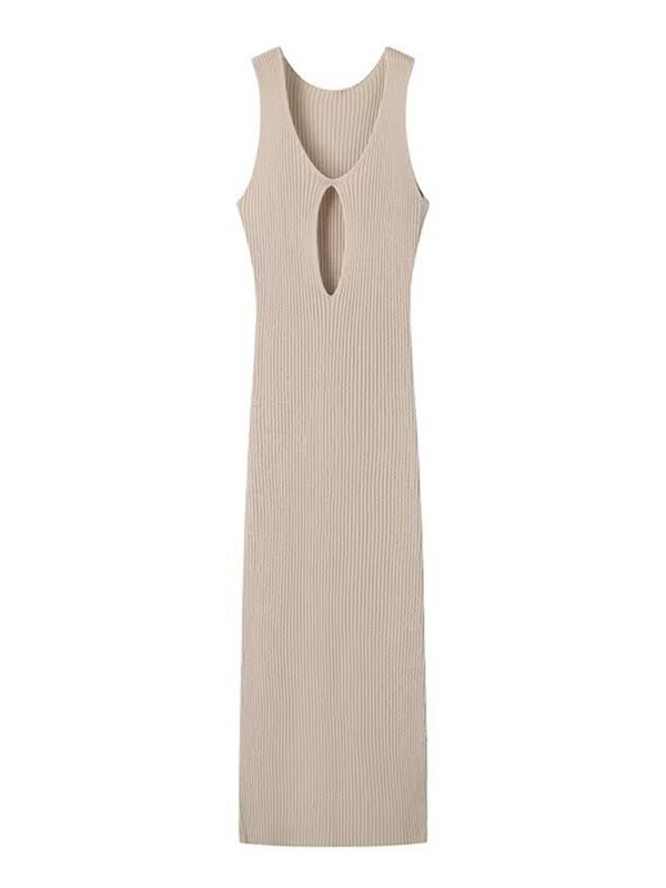 Beige V-neck sleeveless dress with hollow slit design