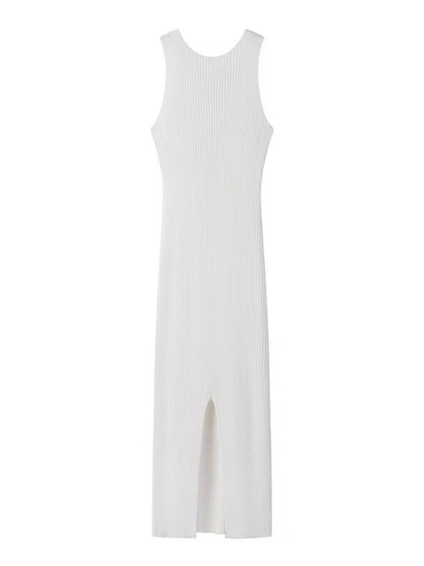 Full view of white sleeveless dress with back slit