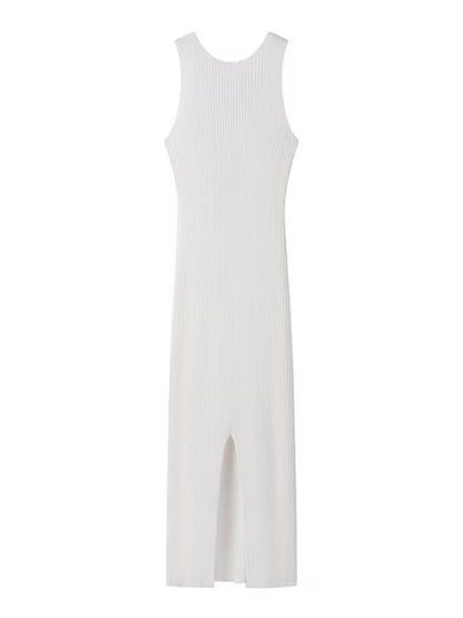 Full view of white sleeveless dress with back slit