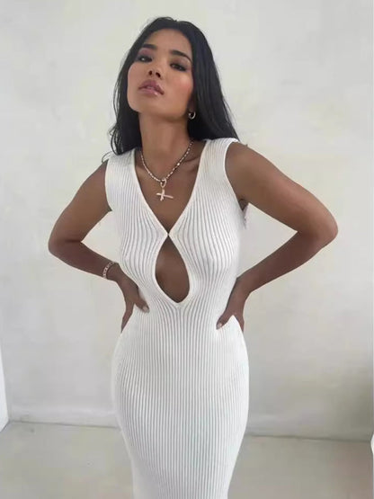 White V-neck sleeveless dress with hollow slit design