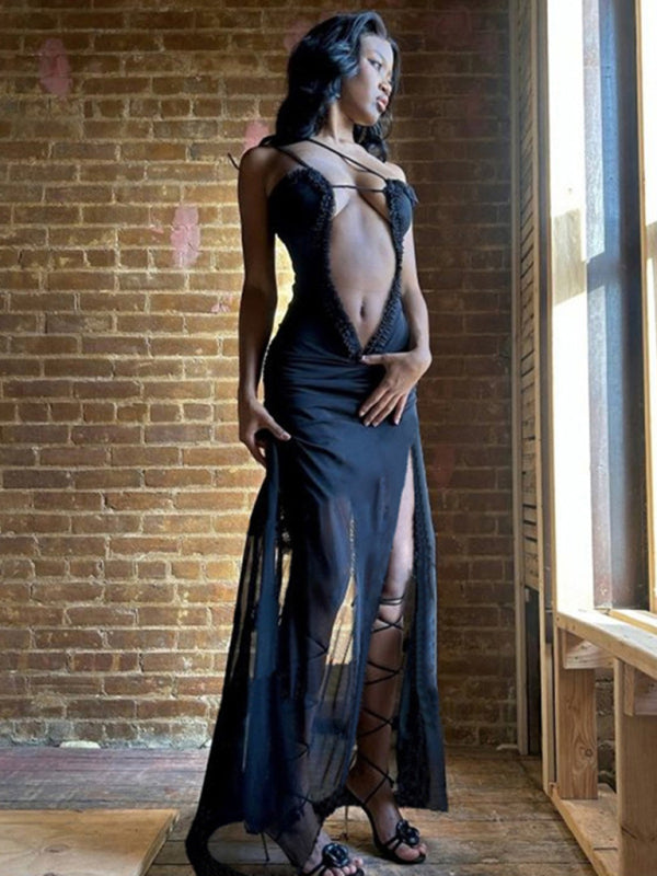 Chic black sleeveless backless dress